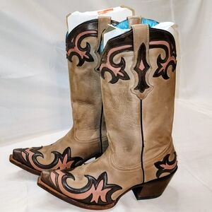 Tony Lama Taupe Leather Western Boots with Pink and Black Accents